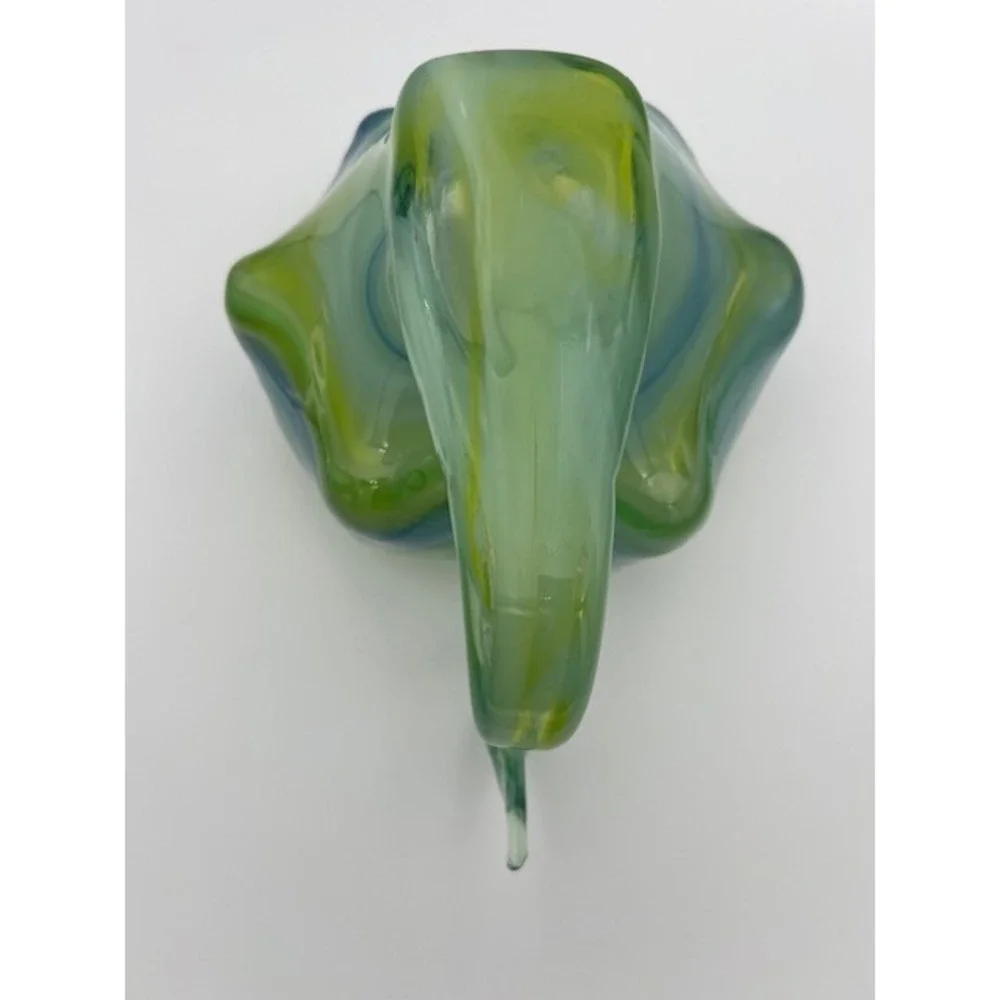 Vintage Art Glass Swan Bowl Blue Green Yellow Swirl Ruffled Edge Centerpiece